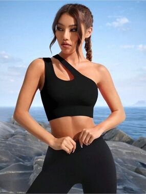 New Asymmetrical One-Shoulder Black Ribbed Sports Bra